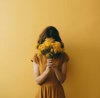ai generado un mujer sostiene flores cubierta su cara foto