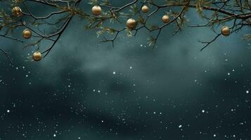 ai generado Navidad antecedentes con ramas colgando en un azul cielo foto