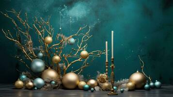 AI generated hristmas decorations with bows and balls on a green background photo