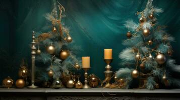 AI generated hristmas decorations with bows and balls on a green background photo