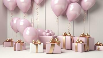 AI generated balloons with present and gold boxes photo