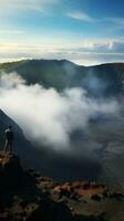 ai generado obtener arriba cerca y personal con un activo volcán como usted mirar abajo dentro sus latente cráter foto