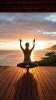 ai generado un joven mujer practicando yoga en un de madera cubierta con vista a el Oceano foto