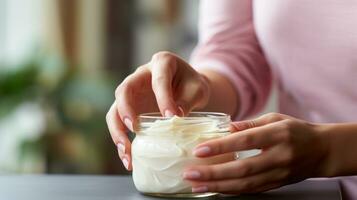 AI generated A woman's hands holding a jar of body butter. photo
