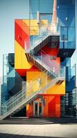 ai generado geométricamente diseñado edificio con agudo anglos y vibrante colores, foto