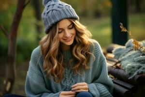 AI generated A woman sitting on a wooden bench in a park, knitting a warm hat and wearing a cozy sweater photo