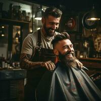 ai generado Barbero guarnición un clientela pelo con eléctrico tijeras, capturar el movimiento foto