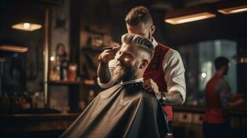 AI generated barber trimming a client's hair with electric clippers, capturing the movement photo