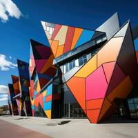 AI generated geometrically designed building with sharp angles and vibrant colors, photo