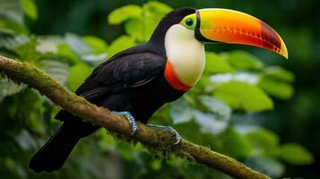 AI generated An exotic toucan perched on a tree branch, its vibrant orange and yellow beak contrasting against photo