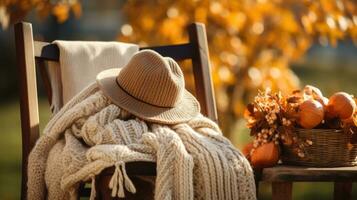 AI generated A woman sitting on a wooden bench in a park, knitting a warm hat and wearing a cozy sweater photo