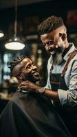 ai generado Barbero guarnición un clientela pelo con eléctrico tijeras, capturar el movimiento foto