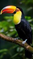 AI generated An exotic toucan perched on a tree branch, its vibrant orange and yellow beak contrasting against photo