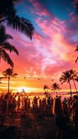 AI generated a beach party with palm trees and light bulb garlands framing the scene photo