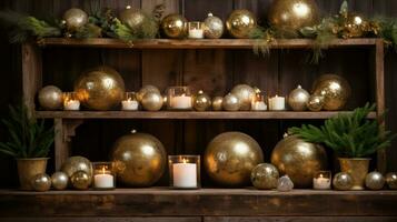 AI generated A warm and inviting Christmas setup with golden ornaments, greenery, and a rustic wood background photo