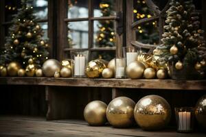 AI generated A warm and inviting Christmas setup with golden ornaments, greenery, and a rustic wood background photo