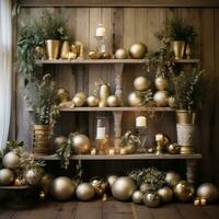 AI generated A warm and inviting Christmas setup with golden ornaments, greenery, and a rustic wood background photo