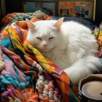 AI generated A white cat sleeping on a pile of colorful knit blankets and pillows photo