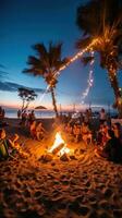 ai generado un playa fiesta con palma arboles y ligero bulbo guirnaldas enmarcado el escena foto