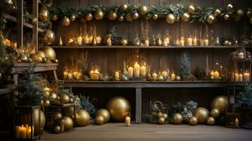 AI generated A warm and inviting Christmas setup with golden ornaments, greenery, and a rustic wood background photo