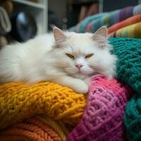 AI generated A white cat sleeping on a pile of colorful knit blankets and pillows photo