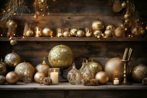 AI generated A warm and inviting Christmas setup with golden ornaments, greenery, and a rustic wood background photo