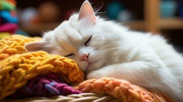 AI generated A white cat sleeping on a pile of colorful knit blankets and pillows photo