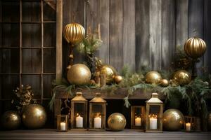 AI generated A warm and inviting Christmas setup with golden ornaments, greenery, and a rustic wood background photo