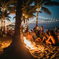 ai generado un playa fiesta con palma arboles y ligero bulbo guirnaldas enmarcado el escena foto