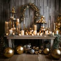 AI generated A warm and inviting Christmas setup with golden ornaments, greenery, and a rustic wood background photo