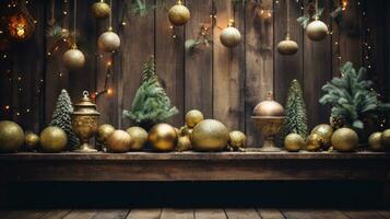 AI generated A warm and inviting Christmas setup with golden ornaments, greenery, and a rustic wood background photo