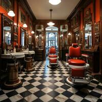 AI generated a vintage barber shop, complete with classic red and white barber pole, leather chairs photo