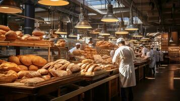 AI generated bustling bakery, with bakers in white aprons and hats moving around racks of bread and pastries photo