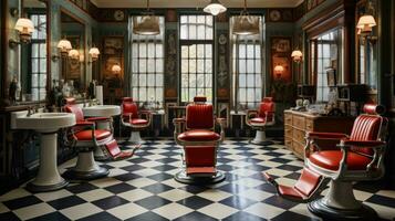 AI generated a vintage barber shop, complete with classic red and white barber pole, leather chairs photo