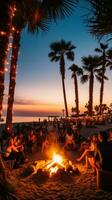 AI generated a beach party with palm trees and light bulb garlands framing the scene photo