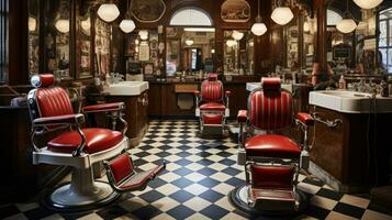 ai generado un Clásico Barbero comercio, completar con clásico rojo y blanco Barbero polo, cuero sillas foto