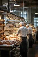 AI generated bustling bakery, with bakers in white aprons and hats moving around racks of bread and pastries photo