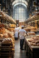 AI generated bustling bakery, with bakers in white aprons and hats moving around racks of bread and pastries photo