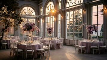 AI generated wedding reception set up in a grand ballroom with elegant decor. photo