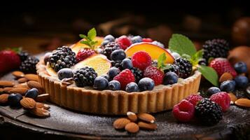 AI generated still life of a rustic fruit tart, with a crumbly almond crust and a colorful arrangement of berries photo