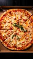 ai generado un Pizza caja lleno con tubería caliente pizza, Listo a ser disfruté a un fiesta o reunión foto