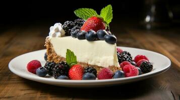 AI generated still life of a rustic fruit tart, with a crumbly almond crust and a colorful arrangement of berries photo