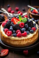 AI generated still life of a rustic fruit tart, with a crumbly almond crust and a colorful arrangement of berries photo