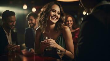 AI generated young woman holding a cocktail glass and laughing with her friends at a table, upscale nightclub photo