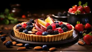 AI generated still life of a rustic fruit tart, with a crumbly almond crust and a colorful arrangement of berries photo