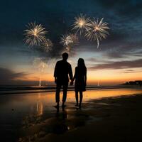 AI generated silhouette of a couple walking hand in hand on the beach with fireworks lighting up the night sky photo