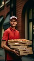 ai generado Pizza entrega persona que lleva un apilar de Pizza cajas foto