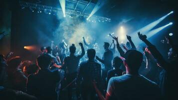 AI generated live band playing on stage in a dimly lit nightclub, with a sea of enthusiastic fans jumping photo