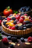 AI generated still life of a rustic fruit tart, with a crumbly almond crust and a colorful arrangement of berries photo