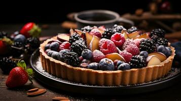 AI generated still life of a rustic fruit tart, with a crumbly almond crust and a colorful arrangement of berries photo